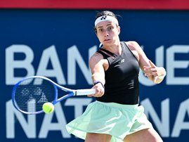 Anastasija Sevastova of Latvia plays a forehand against Jessica Pegula of the United States