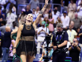 Aryna Sabalenka celebrates a superb semi-final victory