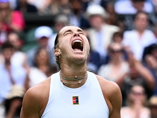 Aryna Sabalenka reacts as she plays against Czech Republic's Marie Bouzkova