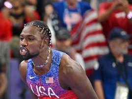 US' Noah Lyles celebrates after winning the men's 100m final