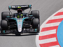Mercedes’ British driver Lewis Hamilton takes part in the first practice session at the Circuit de Catalunya