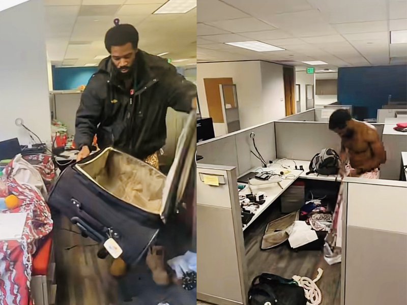 Man moves into cubicle in office