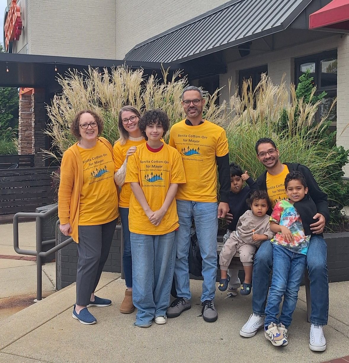 Benita Cotton Orr with her family wearing vote for Benita shirts