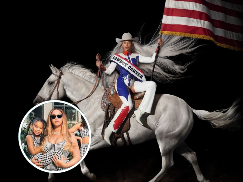 Beyonce sitting on a white horse