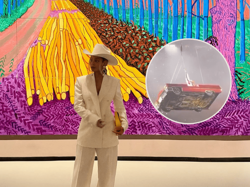Beyoncé poses in front of David Hockney's Winter Timber canvas