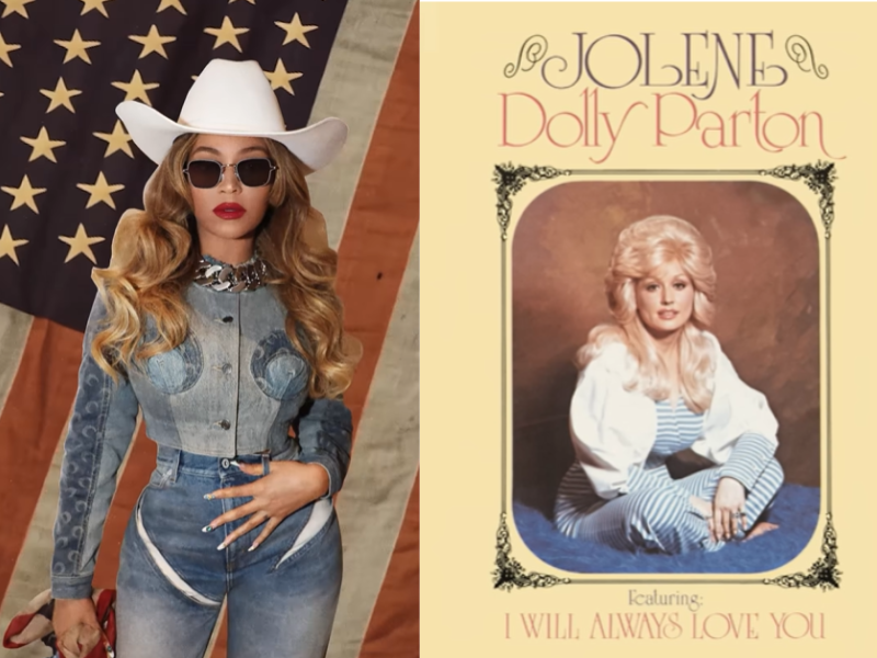 Beyonce wearing an all Demin outfit and white cowboy hat