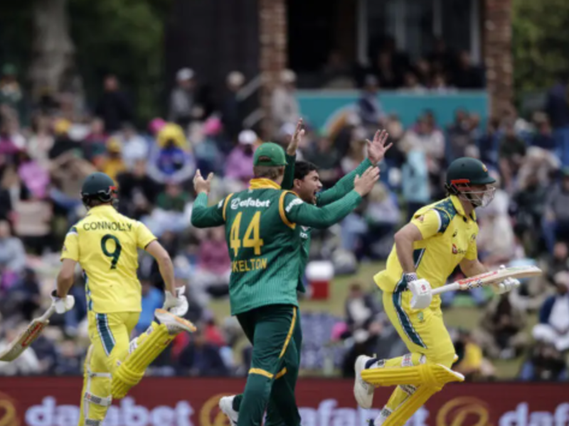 Bjorn Fortuin celebrates the wicket of Australia's Mitchell Marsh