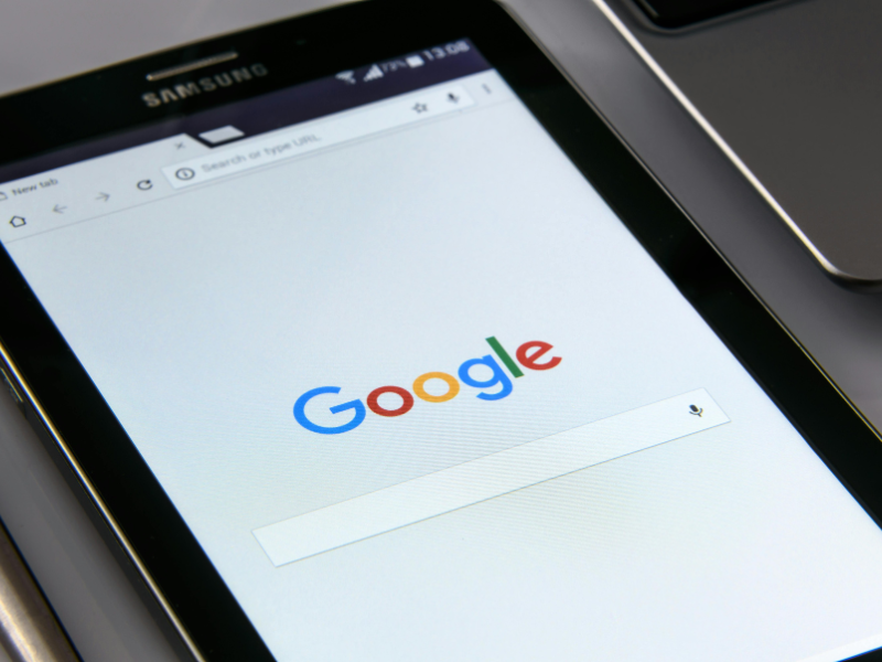 Black Samsung tablet displaying Google in the browser