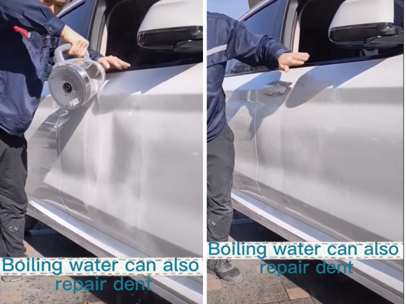 Boiling water being poured on a dented car door