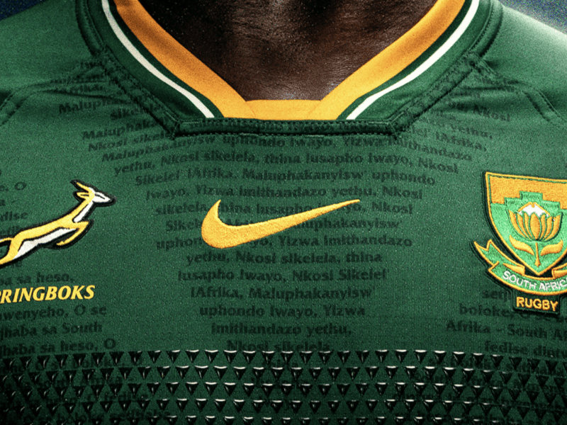 New Springbok jersey with words of the National Anthem