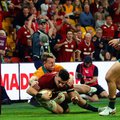 British and Irish Lions' Dan Sheehan scores a try under pressure from Australia's Harry Potter