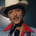 Bruno Mars wearing a cream coloured cowboy hat