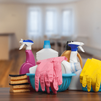 Cleaning supplies in a kitchen