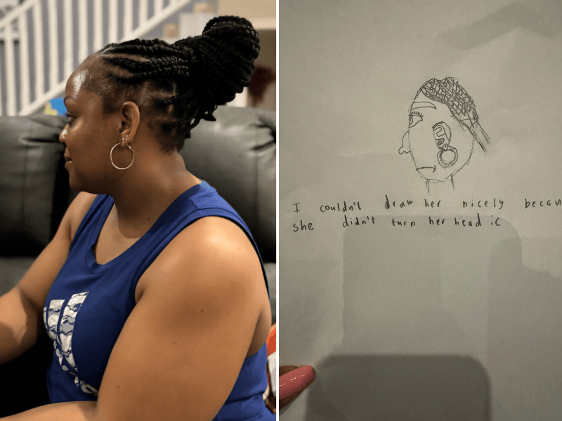 Carol Ofori posing for a portrait and the drawing done by her son