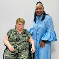 Carol Ofori stands next to Carlin Mynhardt at the East Coast Radio studios
