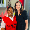 Carol Ofori stands with Aletta Rochat at the East Coast Radio studios