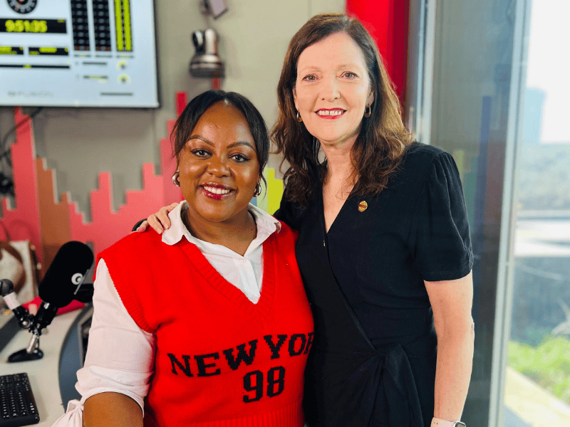 Carol Ofori stands with Aletta Rochat at the East Coast Radio studios