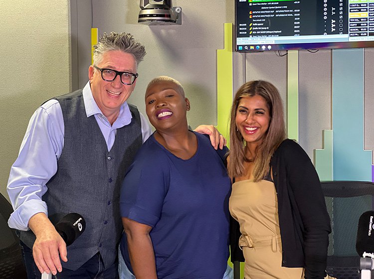 Celeste Ntuli in studio with Darren Maule and Carmen Reddy