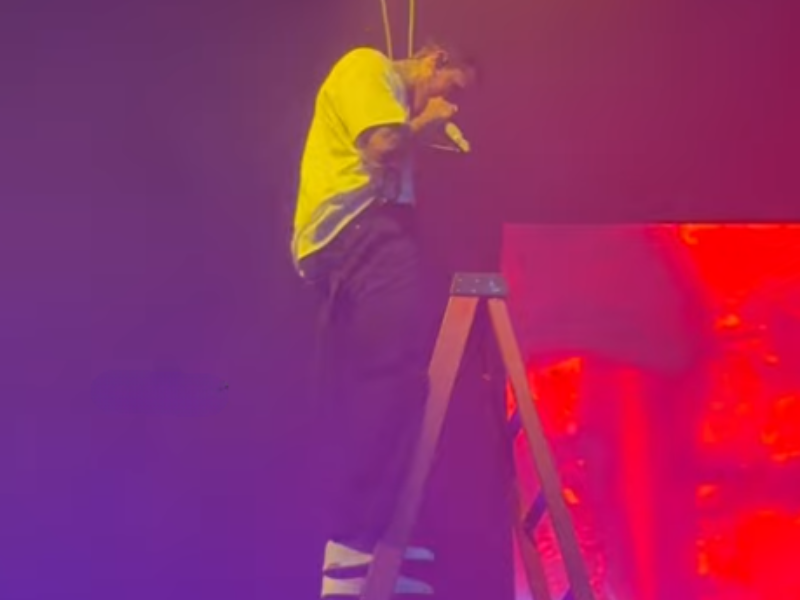 Chris Brown getting off a harness with a ladder during live performance in New Jersey