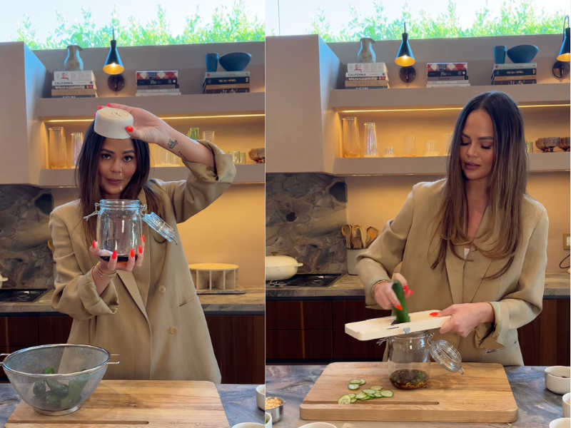 Chrissy Teigen cooking in kitchen