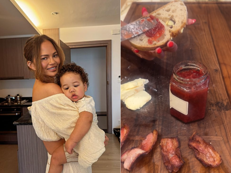 Chrissy Teigen and her daughter in a kitchen