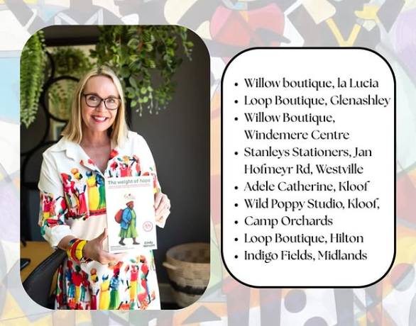 Cindy Norcott poses with her book and a list of locations to buy it