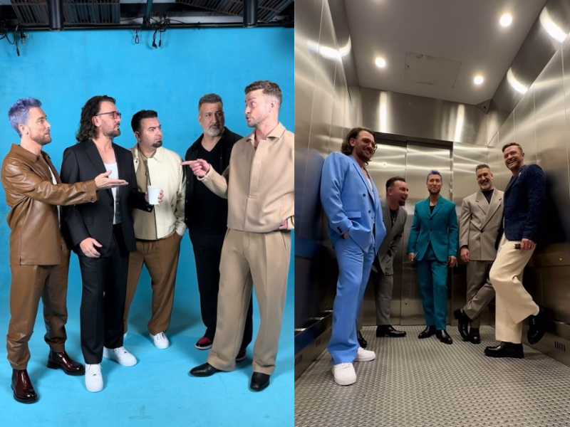 All five members of *Nsync standing in an elevator
