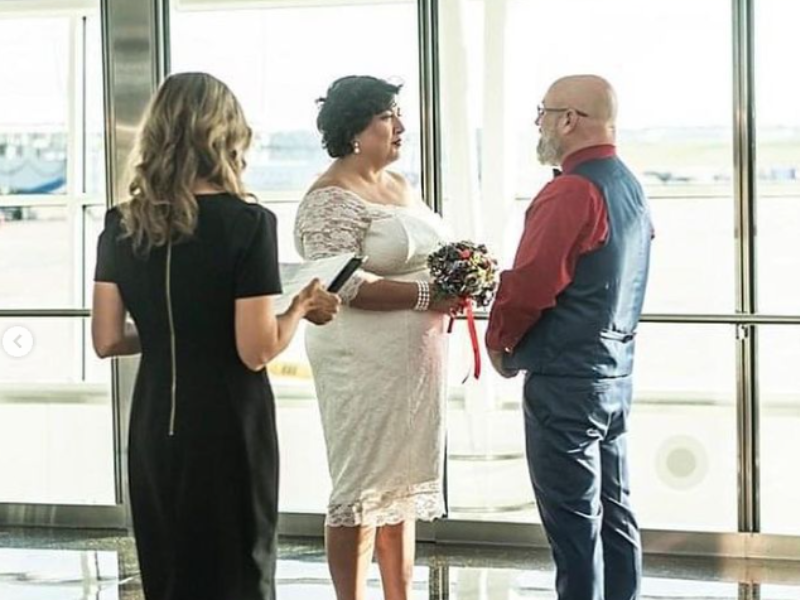 Couple getting married at the airport