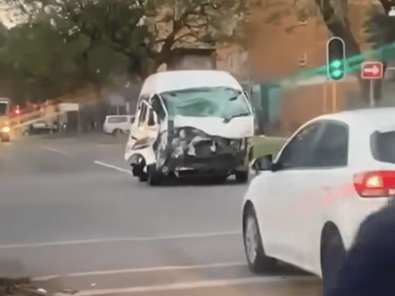 Damaged taxi ploughs through Pretoria road crashing into car