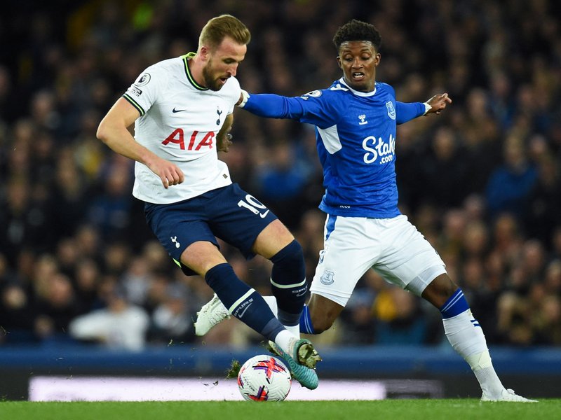 Tottenham Hotspur's English striker Harry Kane (L) fights for the ball with Everton's English striker Demarai Gray