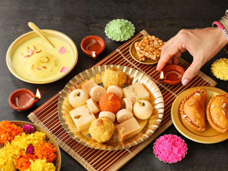 Diwali sweets laid out for prayer