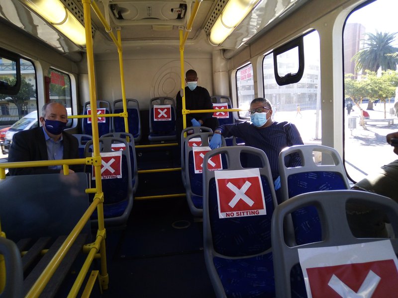 Fikile Mbalula and Gautrain CEO William Dachs  on Gautrain bus social distancing