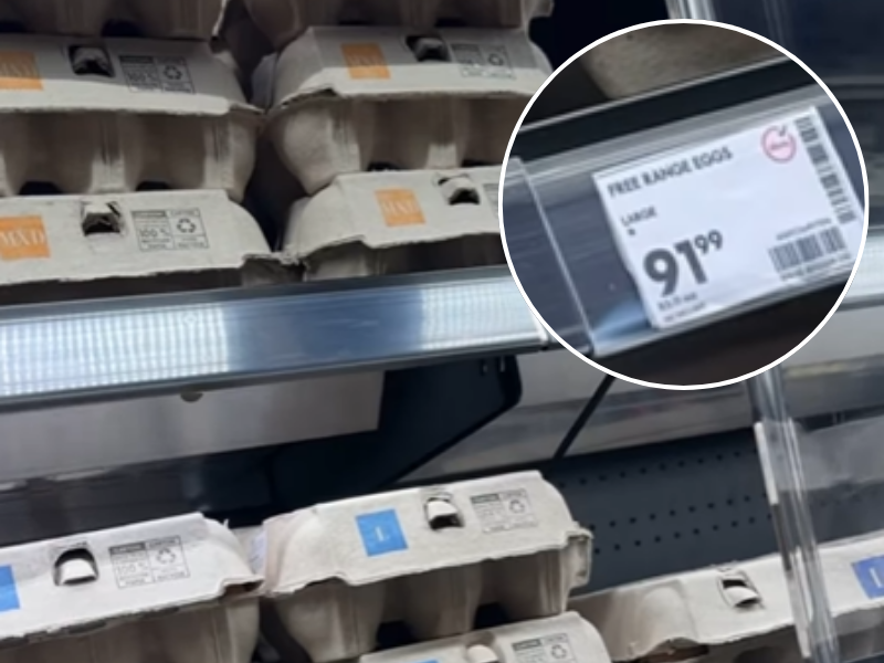 Eggs stacked inside a fridge at a grocery store