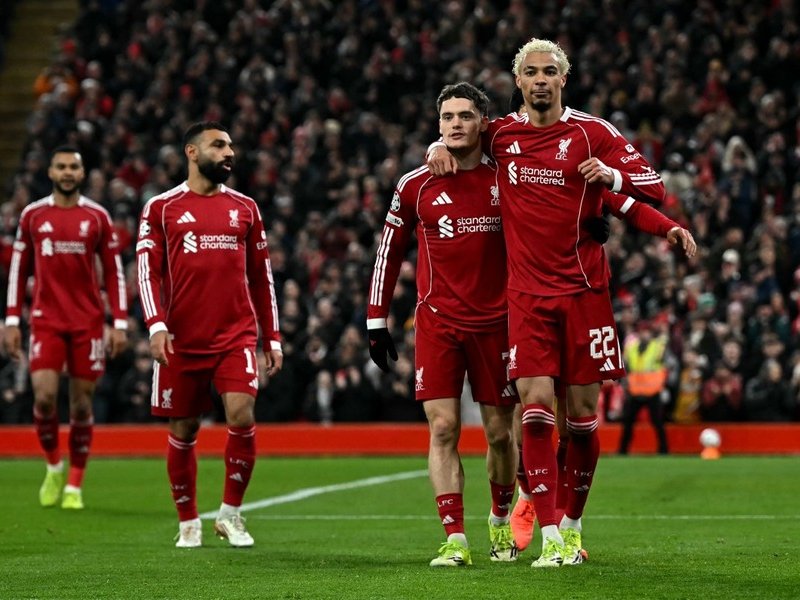 Liverpool Hugo Ekitike and Florian Witz celebrate in Champions League