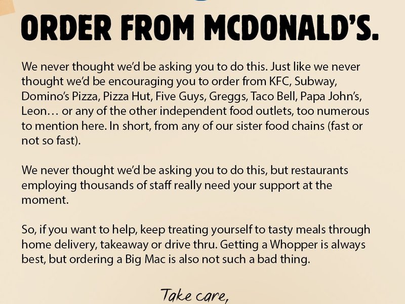 Burger King urges customers to order from McDonald's