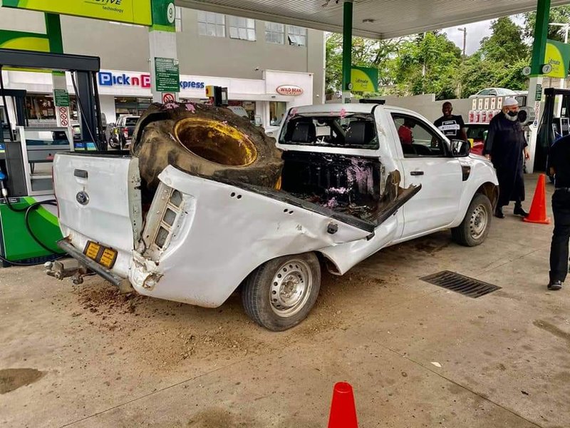 Tractor tyre bursts at the back of bakkie