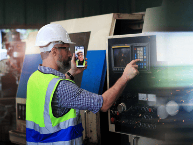 Engineer holding a smartphone while using heavy machinery
