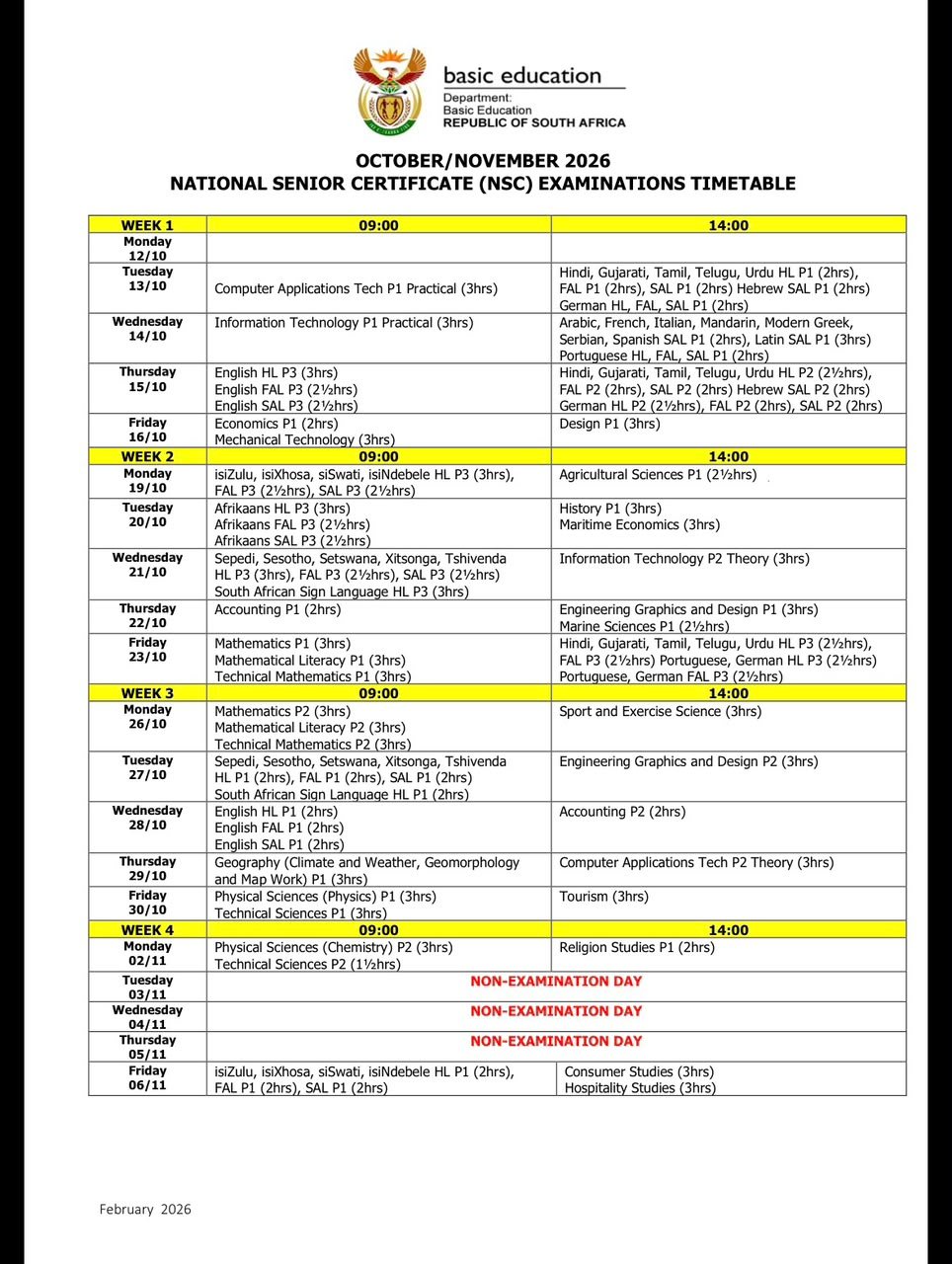 Exam timetable 2026