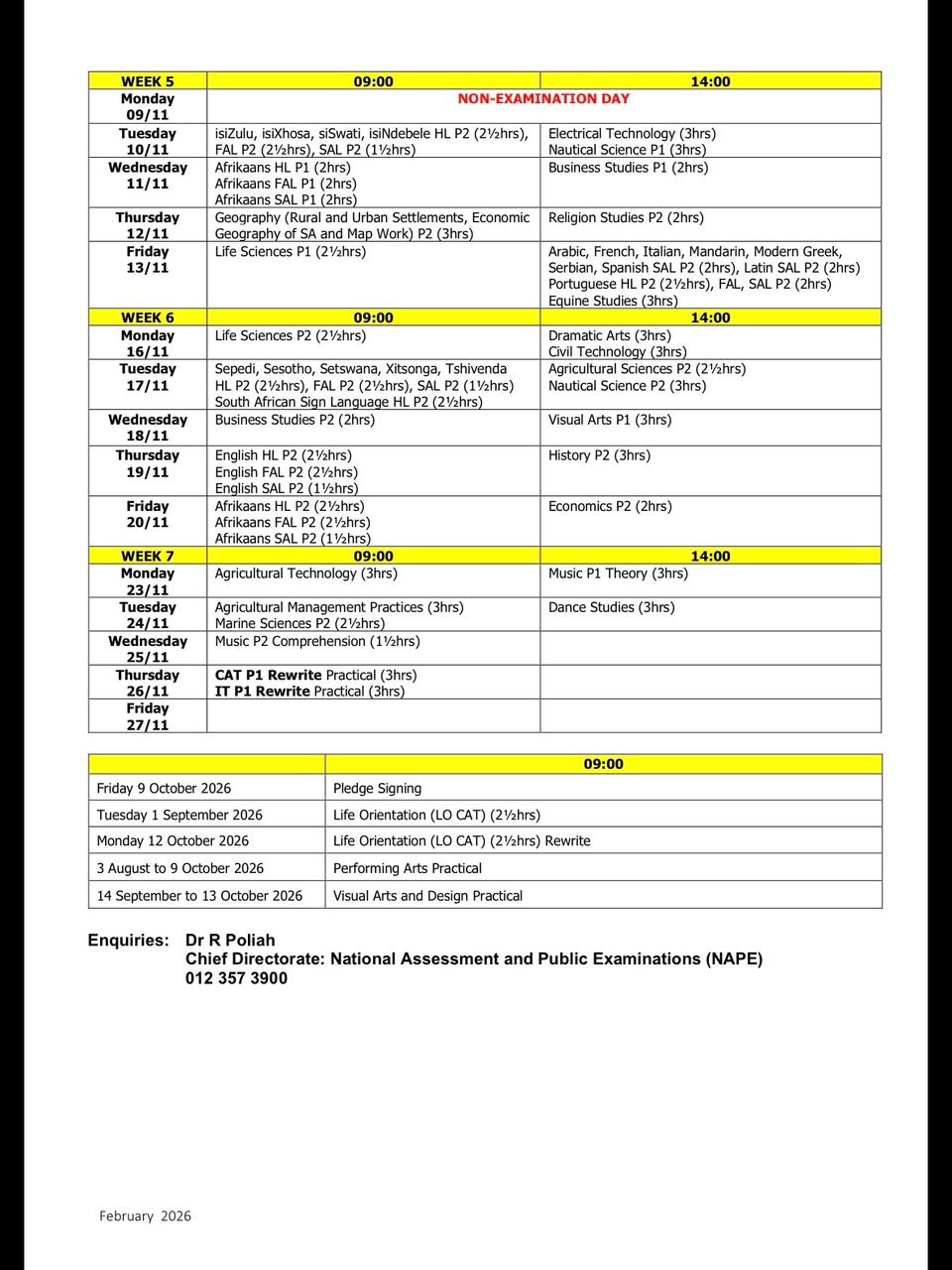 Grade 12 exam timetable