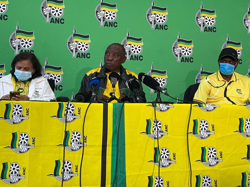 ANC president Cyril Ramaphosa, DSG Jessie Duarte and TG Paul Mashatile at post-election briefing Nov 2021