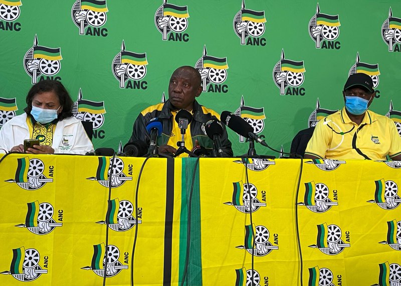 ANC president Cyril Ramaphosa, DSG Jessie Duarte and TG Paul Mashatile at post-election briefing Nov 2021