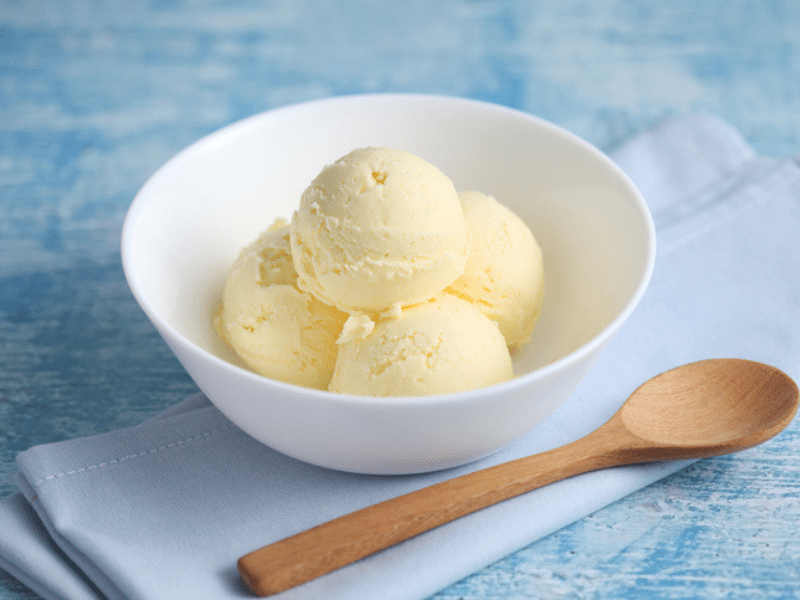 Vanilla ice cream in a white bowl