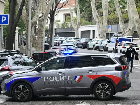 French National Police car blocks off a street in front of the Russian consulate in Marseille