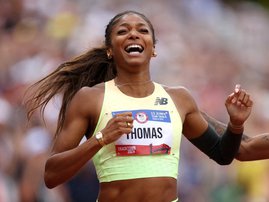 Gabby Thomas reacts after winning the women's 200 meter final