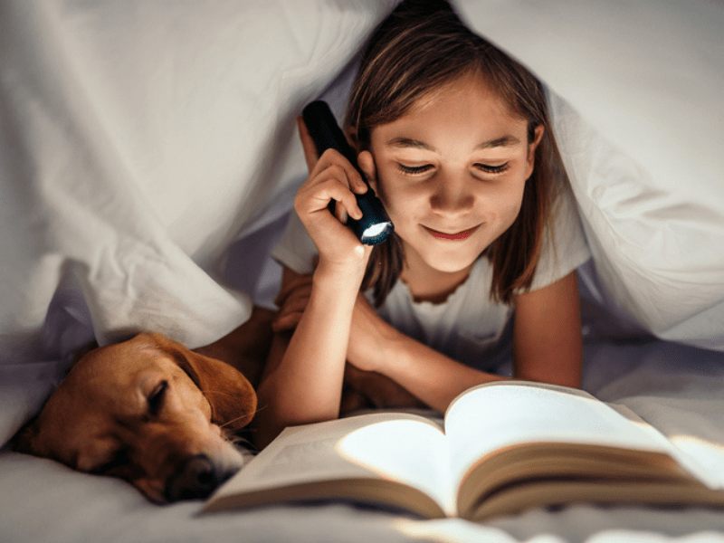 Girl lying in the bed with her dog under blanket reading book