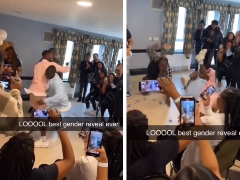 Group of people at a gender reveal party