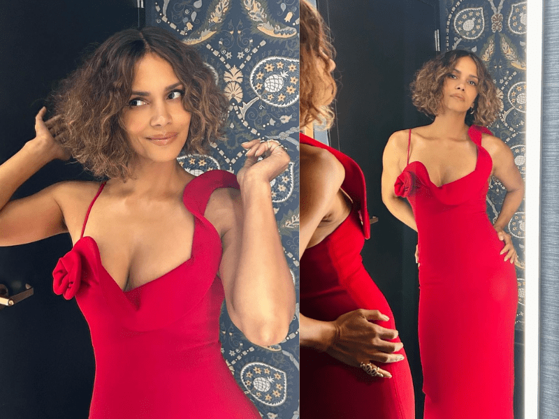 Halle  Berry wearing a red dress with a flower-min.png