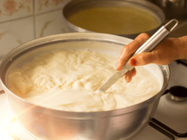 Hand of senior woman making homemade yoghurt
