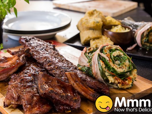 Marinated Loin Ribs with Stuffed Spinach and Corn Bread