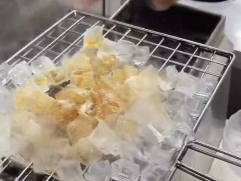Ice cubes on a grilling grid with seasoning
